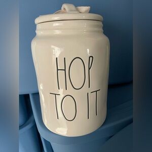 Rae Dunn Cream Ceramic 'Hop To It' Jar with Black Lettering